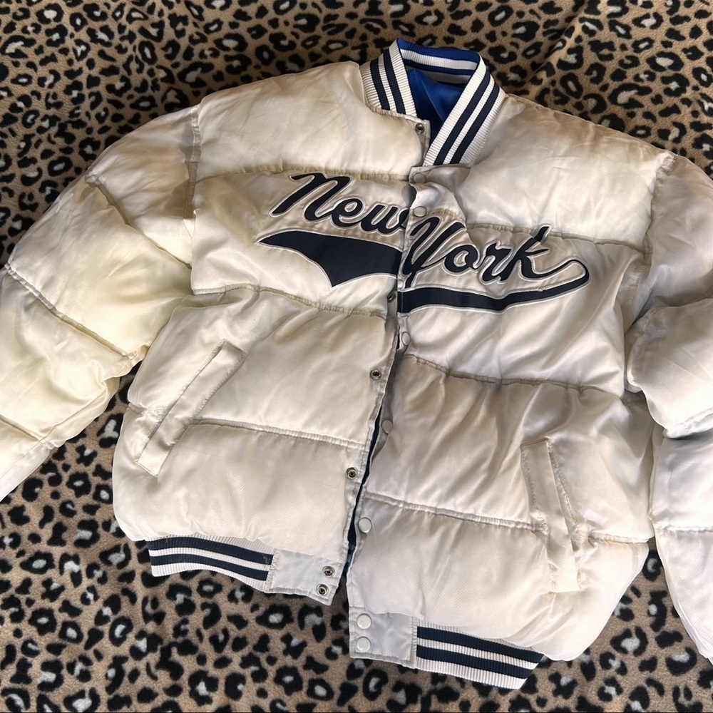 Reversible White and Blue New York / Los Angeles Puffer Jacket